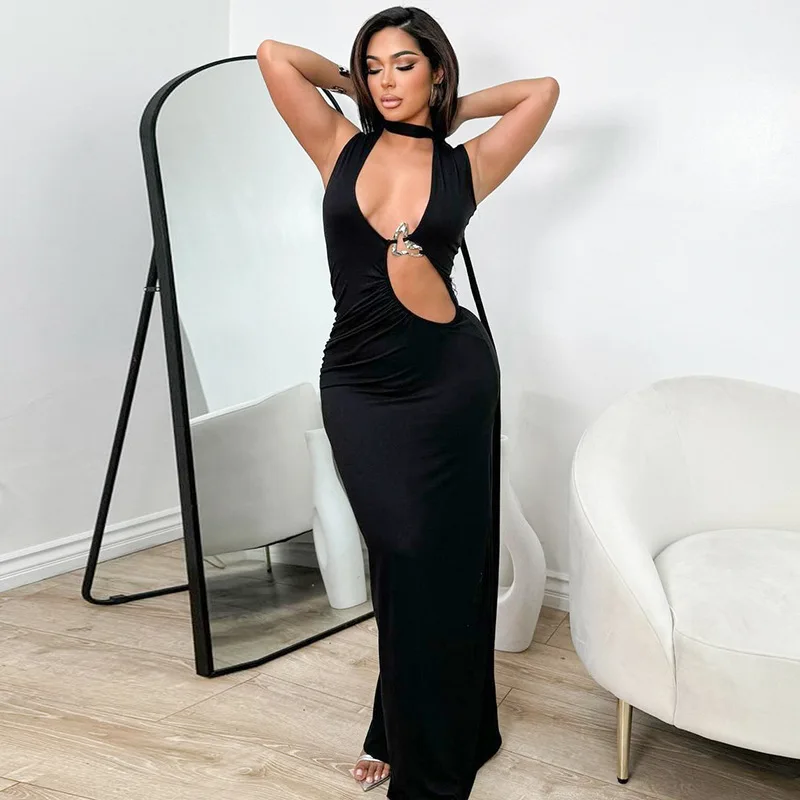 Cryptographic embelezado mergulho halter v pescoço maxi vestido roupas para mulheres clube festa sexy corte bodycon vestidos vestido robes