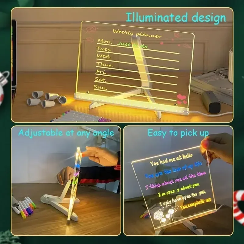 Planche à dessin lumineuse transparente en acrylique, planche magique LED pour mémo effaçable, jouets de bricolage pour enfants, avec stylo marqueur de 7 couleurs et support
