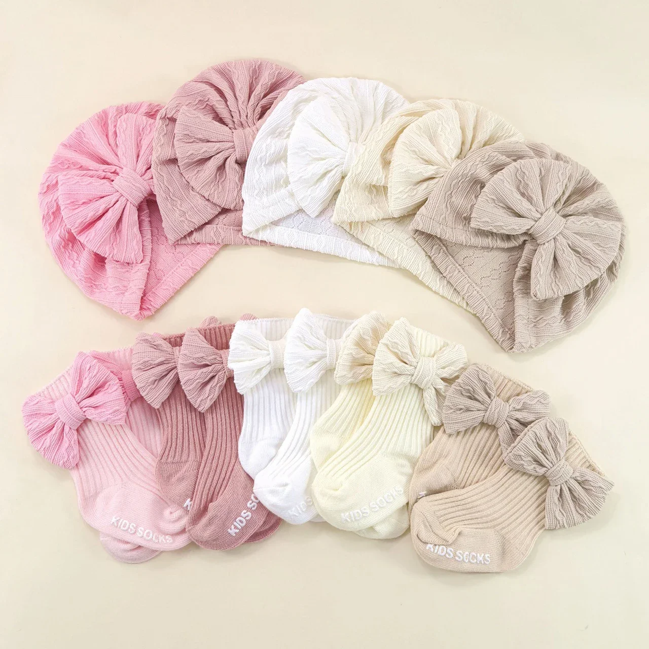 

2Pcs/Set Cute Bow Baby Turban Cap Socks Solid Color Newborn Boy Girl Headscarf Hats Soft Infant Bowknot Mid Tube Socks