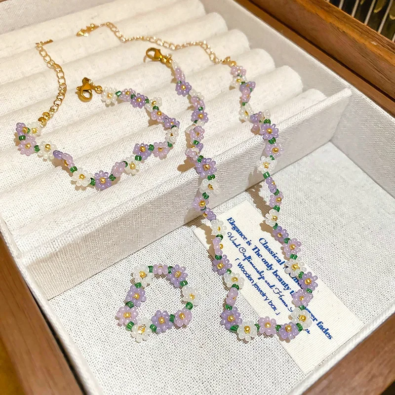 Minar güzel mor beyaz kontrast renk Miyuki çiçekler boncuklu kolye kadınlar için titanyum çelik 18K altın PVD kaplama Chokers