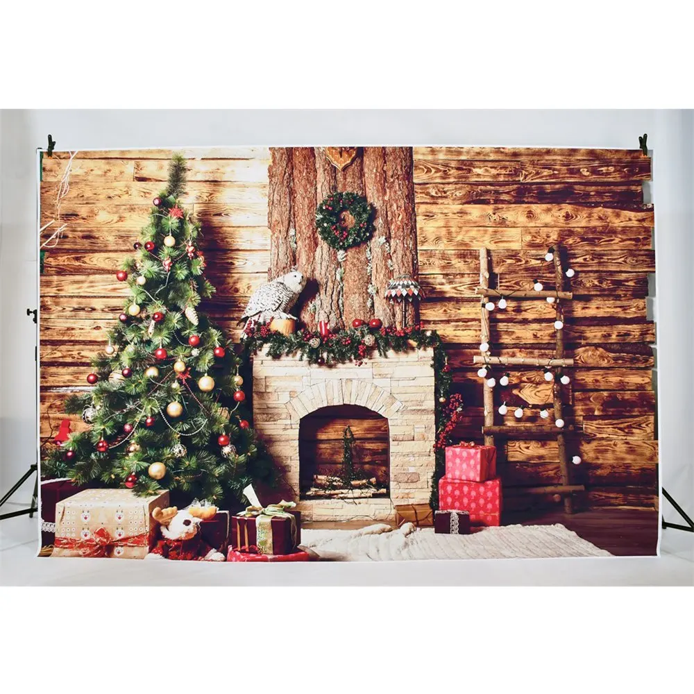 MOON.QG Christmas Eve Watch Clock Wood Backdrop Pine Tree Reindeer Wooden Board Photo Studio Background Party Photography Props