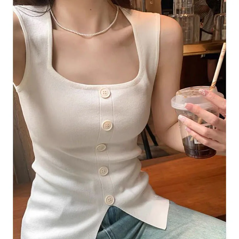 

Summer New Chic Slim Sleeveles Knitted Top Women Clothing Fashion Sweet Commute Solid Sleeveless Tanks