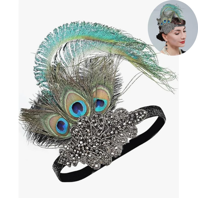 1920s Flapper Headband for Women Black Feather Gatsby Headpiece for Costume Elastic 20s Feather Headbands Girl