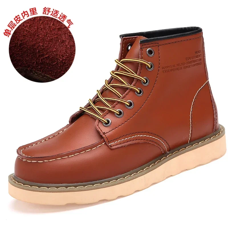 Velvet Men\'s Leather Boots British Style Motorcycle Boot Casual Leather Work Shoes Warm Non-slip Waterproof Trendy Cotton Shoe