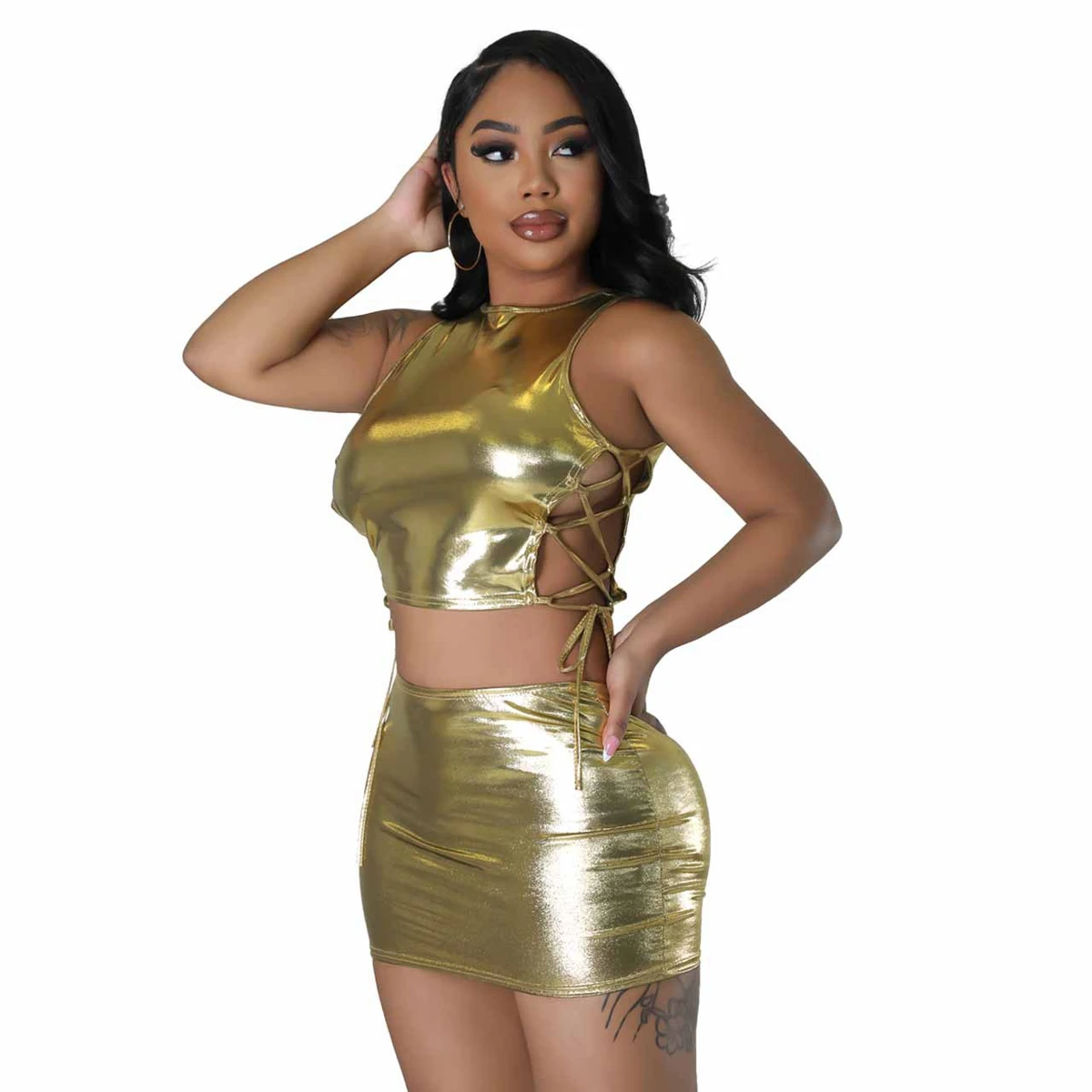 Brilhante Metálico Baddie 2 Peça Define Mulheres Outfit Top Colheita de Verão Mini Saia Set Y2K Sexy Night Club Outfit Novo Em Conjunto De Correspondência