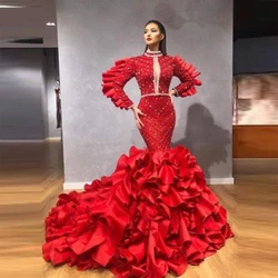 Red Lace Mermaid Prom Dresses Saudi Arabia Ruffles Sweep Train Evening Gowns Long Sleeves Women Formal Occasion Party Dress