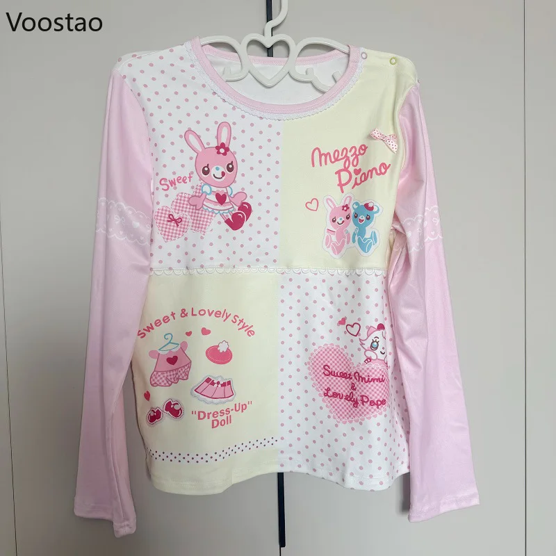 Sweet Kawaii Lolita Style Women T-shirt Cartoon Print Lace O-Neck Contrast Color Casual Tee Tops Japanese Y2k Estetyczne koszulki