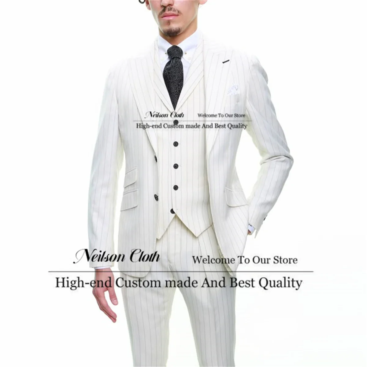 

Мужские пиджаки для выпускного вечера в белую полоску по индивидуальному заказу, приталенные свадебные смокинги для жениха с остроконечными лацканами, комплекты из трех предметов для жениха Terno Masculino