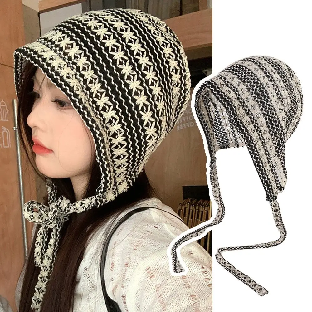 

Creative Gift Casual Striped Knitted Beanies Caps Thin Hollow Sunshade Balaclava Hat Portable Multicolor Pullover Beanies Women