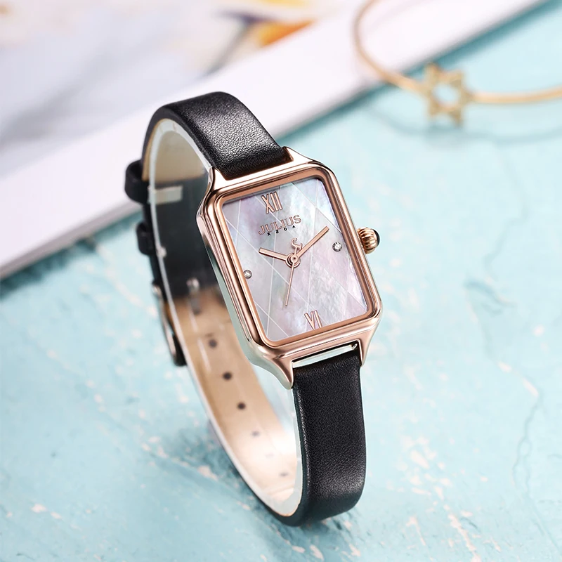 Small Elegant Rectangle Women's Watch Japan Mov't Lady Hours Fine Fashion Real Leather Bracelet Girl's Gift Julius Box