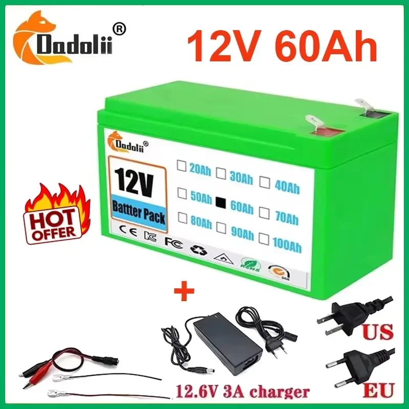 

New 12V Battery 100Ah 18650 lithium battery pack Rechargeable battery for solar energy electric vehicle battery+12.6v3A charger