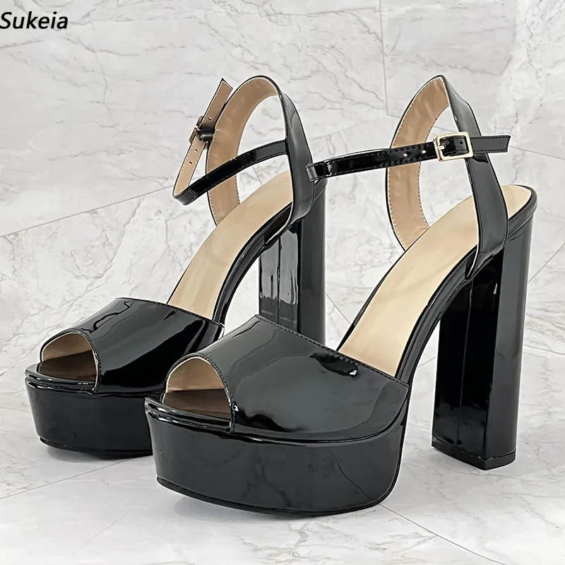 

Sukeia Handmade Women Summer Glossy Sandals Chunky Heels Peep Toe Beautiful Black Cosplay Shoes US Plus Size 5-20