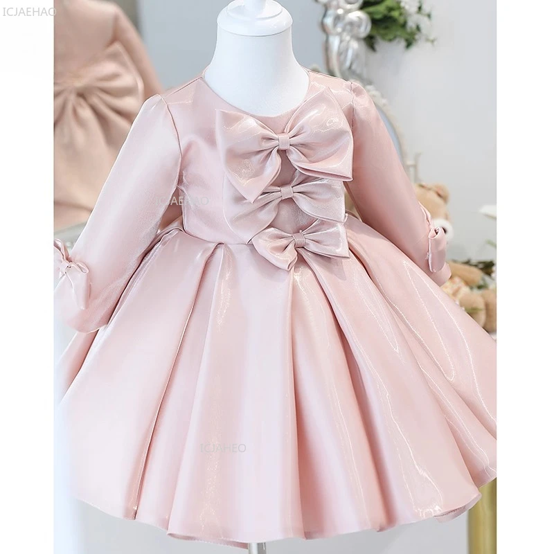 Baby Girl First Birthday Princess Gown Children Long Sleeve Formal Celebration Dresses Red Party Dress for Kids Piano Recital