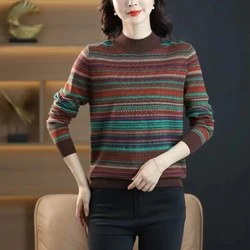 Temperament Autumn/Winter Sweaters Women's Half High Collar Striped Contrast Color Fashion Long Sleeve Pullovers Knitted Tops