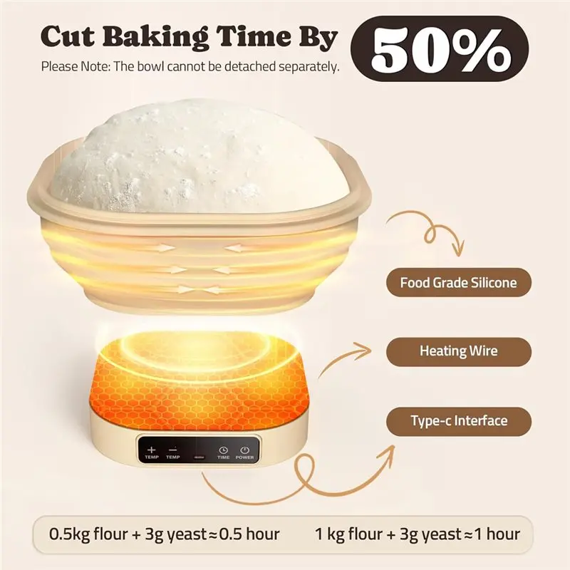 ABSJ-Kit per lievitazione naturale con cestello per lievitazione del pane Banneton pieghevole quadrato in silicone termostatico elettrico da 2 litri