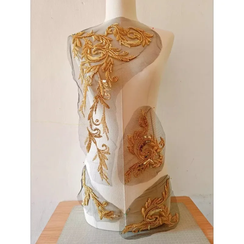 

New Exquisite Gold Bead Embroidery Sequin Decorative Fabric， High-end Clothing, Wedding Cloth Stickers, Handmade DIY Accessories