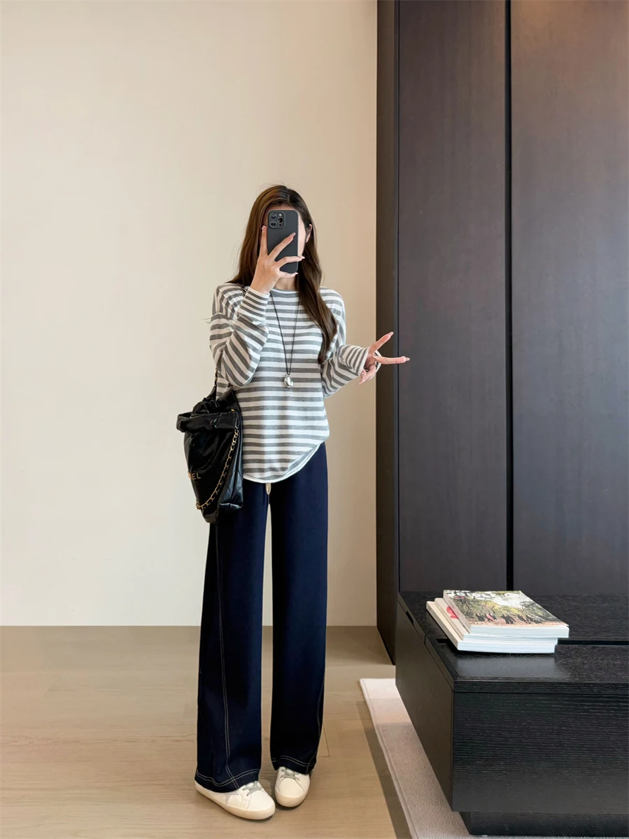 بنطلون جينز أزرق مستقيم الساق للنساء، مقاس كبير جديد، تصميم نحيف على شكل كمثرى، سروال واسع الساق بخصر عالٍ وطويل