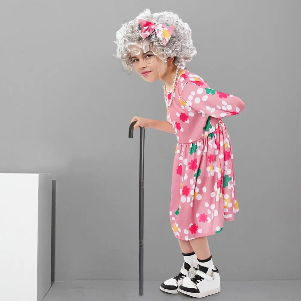 Kinderen Gek Oma Kostuum Kinder Oude Dame Grootmoeder Cosplay Kostuum Set Met Pruik Cane Bril Strik Kleurrijk Voor Kinderen