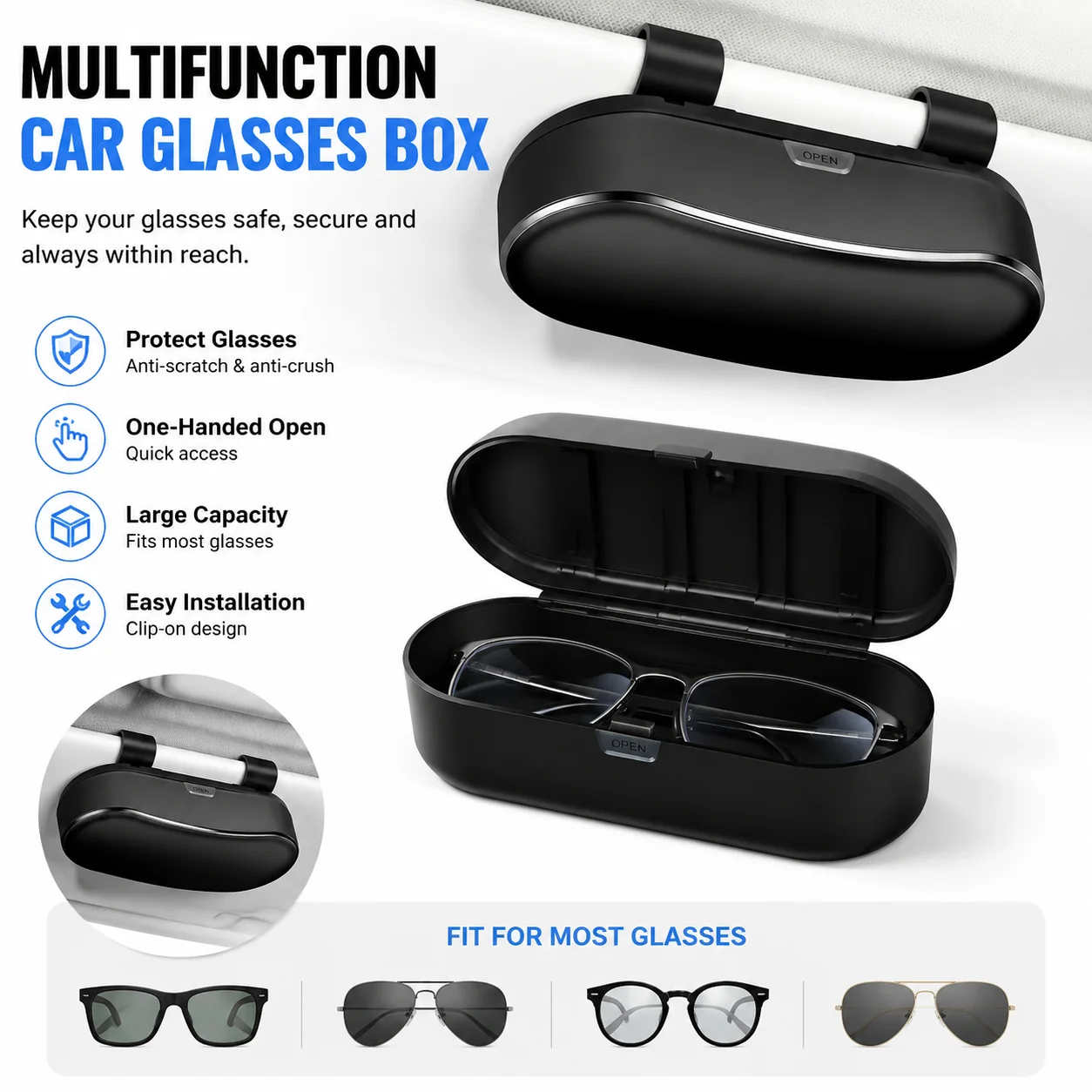 Car Glasses Box Portable Car Sunglasses Holder Car Driving Glasses Holder Eyeglass Case Sun Visor Multifunctional Storage Box