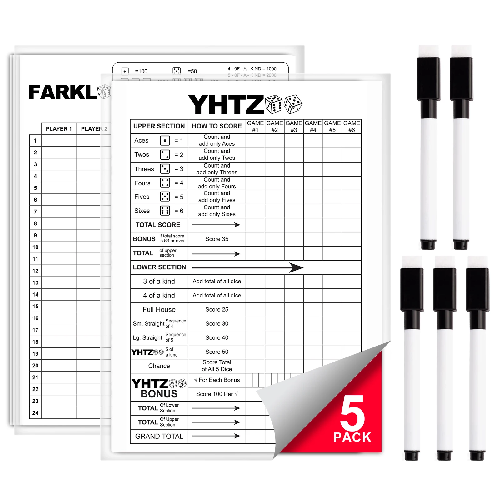 

5 больших ламинированных карточек Yardzee & Farkle (11,5 x 8 дюймов) с правилами — большие многоразовые подушечки для сухого стирания для гигантских уличных игральных костей