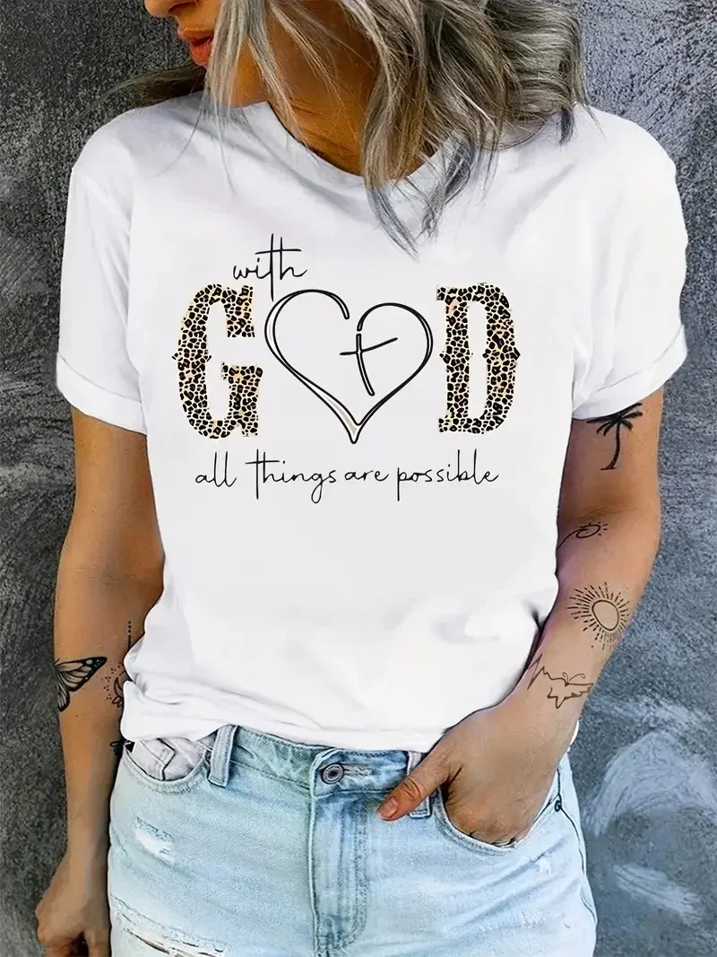 Mit Gott Print T-Shirt Sommer Kurzarm Rundhals ausschnitt lässig Top Damen bekleidung T-Shirts Kleidung einfache weiche Kurzarm