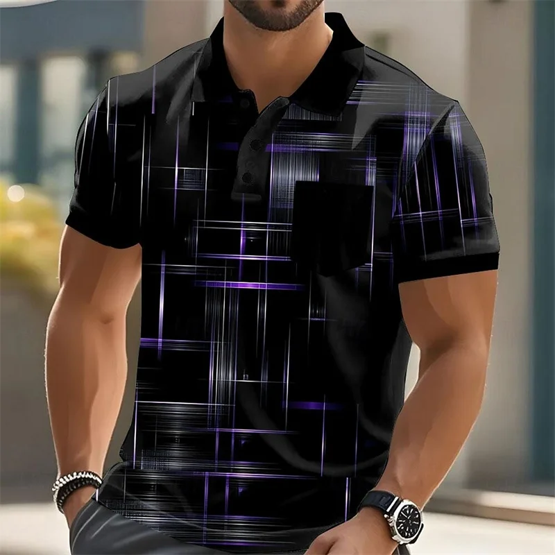 

Geometric patchwork pattern men's polo shirt color texture 3D printing summer street short sleeved lapel top