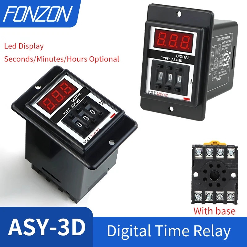 ASY-3D Programmable Delay Timer Relay 8-Pin With Base AC220V/DC24V 1-999s 999m 99.9s 99.9m Digital Display Timer Relay