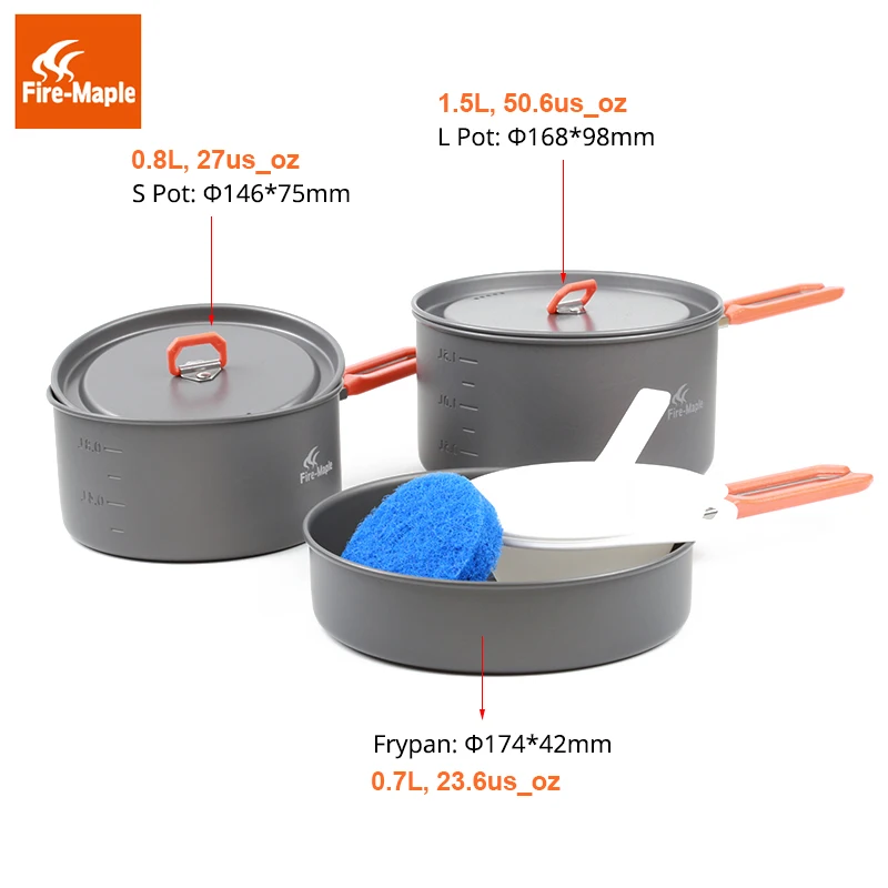 Fire Maple Feast 3 Outdoor Camping Hiking Cookware Backpacking Cooking Picnic Pot Pan Set Foldable Handle 2 Pots 1 Frypan FMC-F3