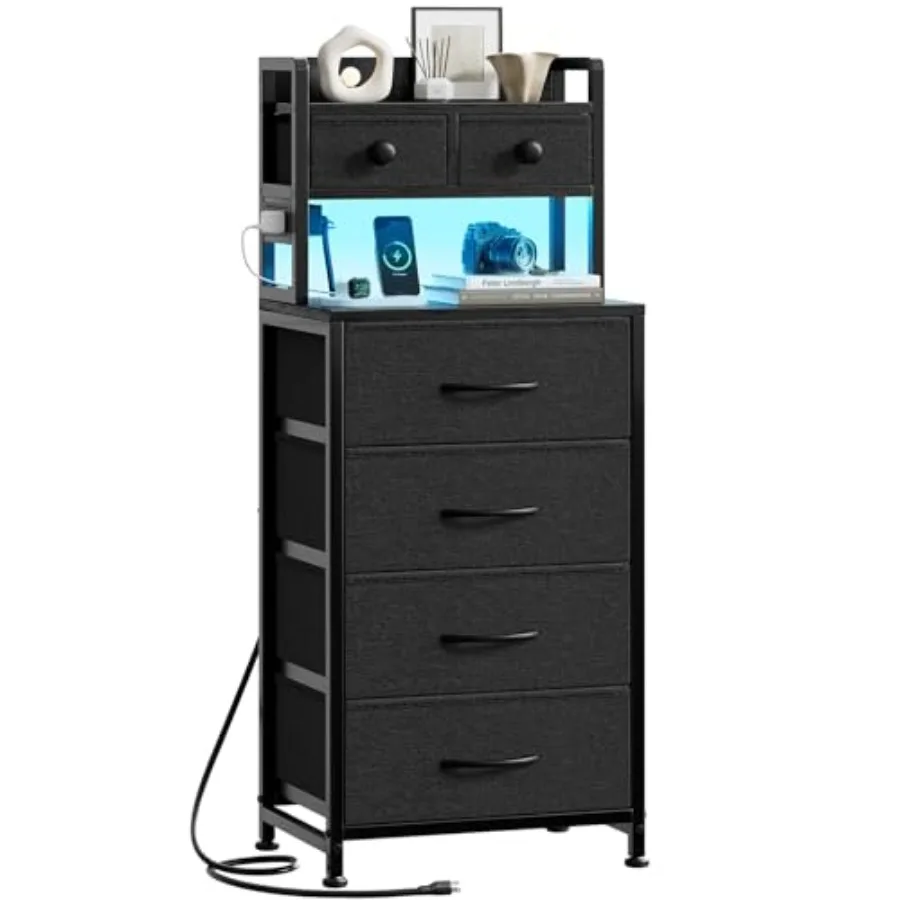 

41 Inch Tall Nightstand with Charging Station, LED Night Stand with 6 Fabric Drawers, Bed Side Table with 3-Tier Wood Storage S