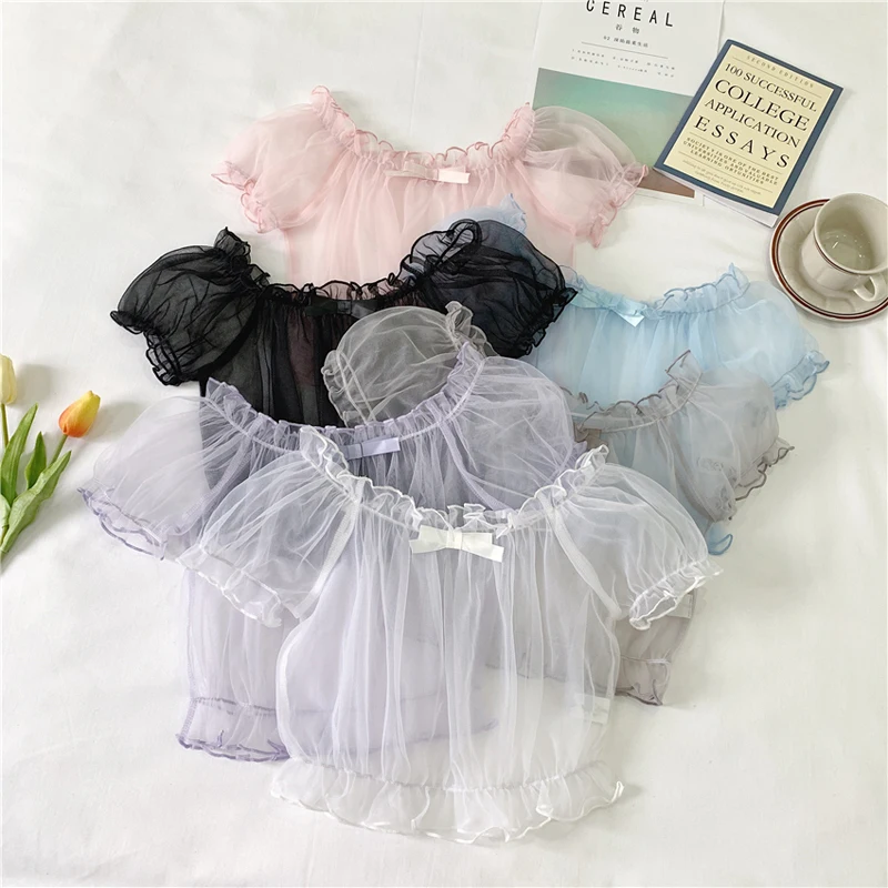 Summer Mesh Short Sleeve Lolita Tops Women Sweet Transparent Kawaii Princess Bow Shirt  Mori Girl Fairy Sheer Thin Bottom Blouse