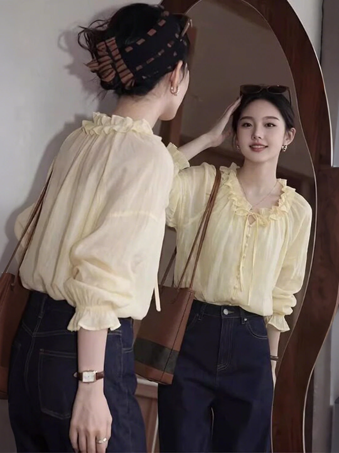

Chic Yellow Wooden Ruffle Shirt Women's Summer Fashionable Fairy Tale Short Sleeve Long Sleeve V Neck Button up Top