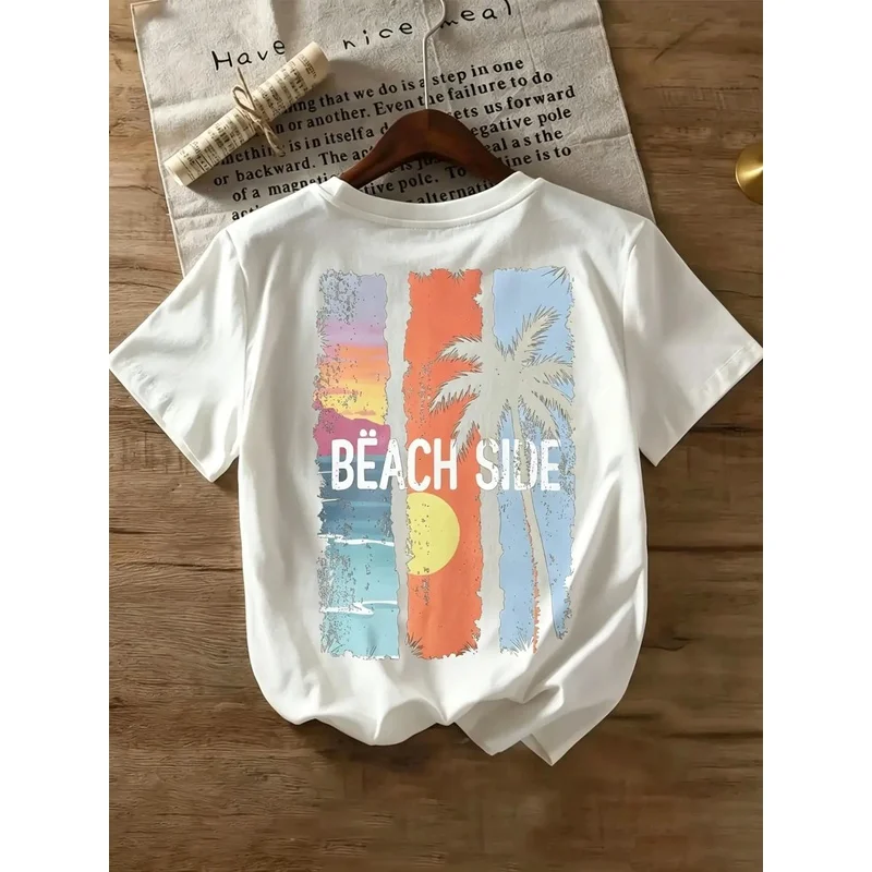 Ladies Vintage Tropical Seaside round Neck T-Shirt Short Sleeve Cotton Blend Casual Beach Wear with Coconut Sunset Print