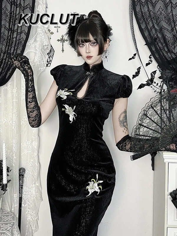 

Fashion Dark Style Velvet Elegant Long Dress Femme 2025 Summer Autumn Vintage Evening Party Short Sleeve Dresses for Women