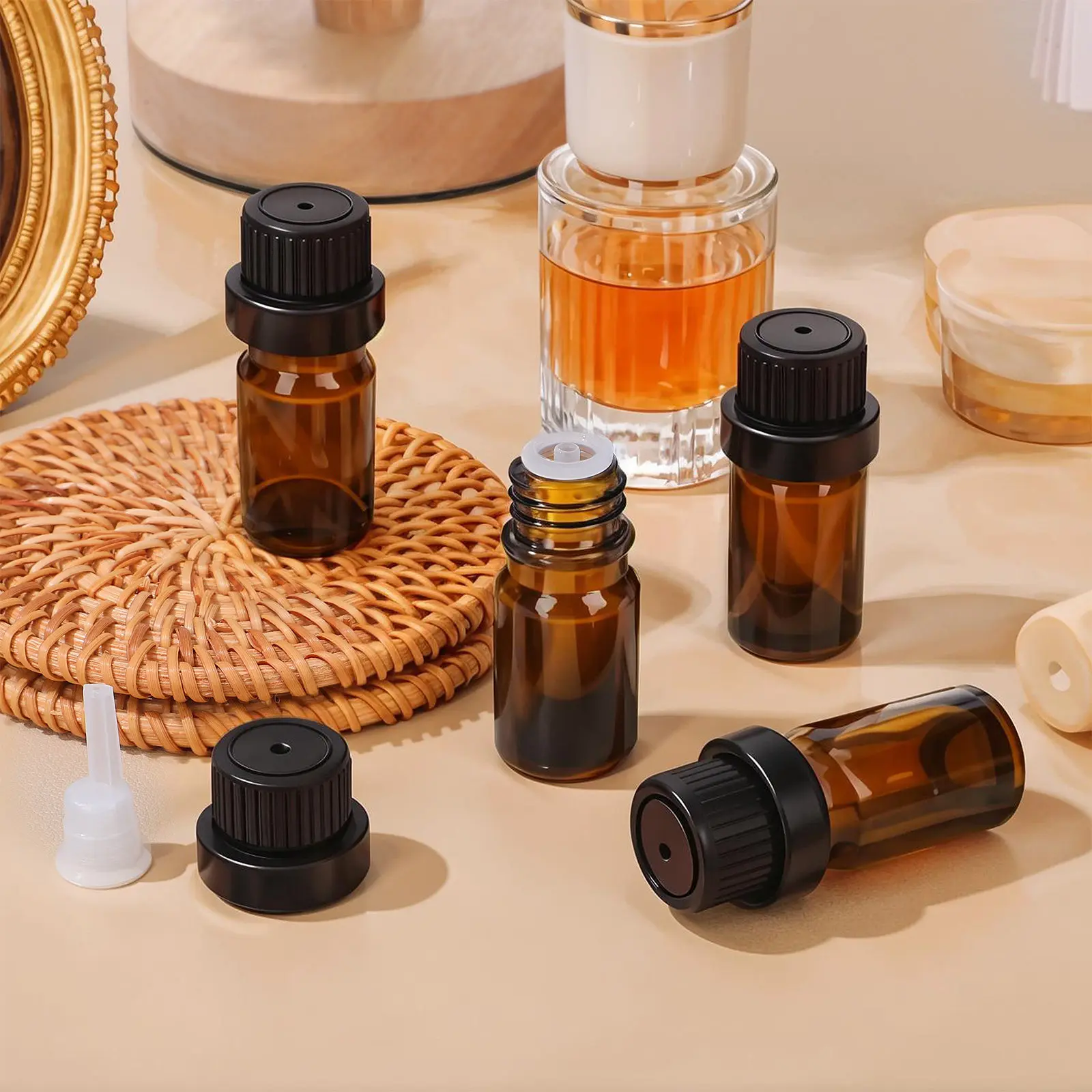 

20 шт. флаконов для эфирных масел из янтарного стекла, герметичные, многоразовые, дорожные контейнеры для ароматерапии и жидких духов