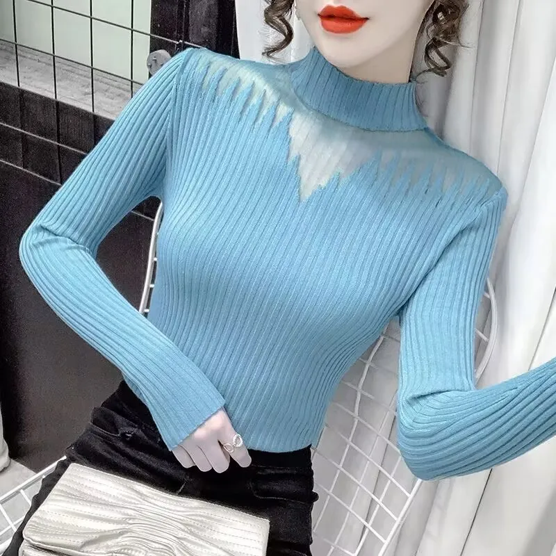 Women\'s Mesh Splicing Knitted Sweater Elastic Slim Turtleneck Long Sleeve Office Lady,Elegant Shirt New, Autumn Winter 2024