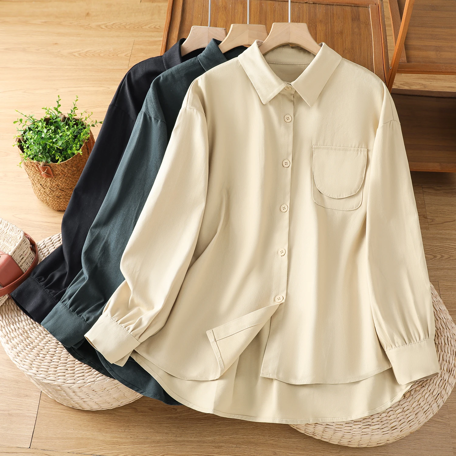 

Retro Original Design Long Sve Women's irt Jaet Loose Fit High Faion Pure Color Open Cardigan Thin Cotton Blend