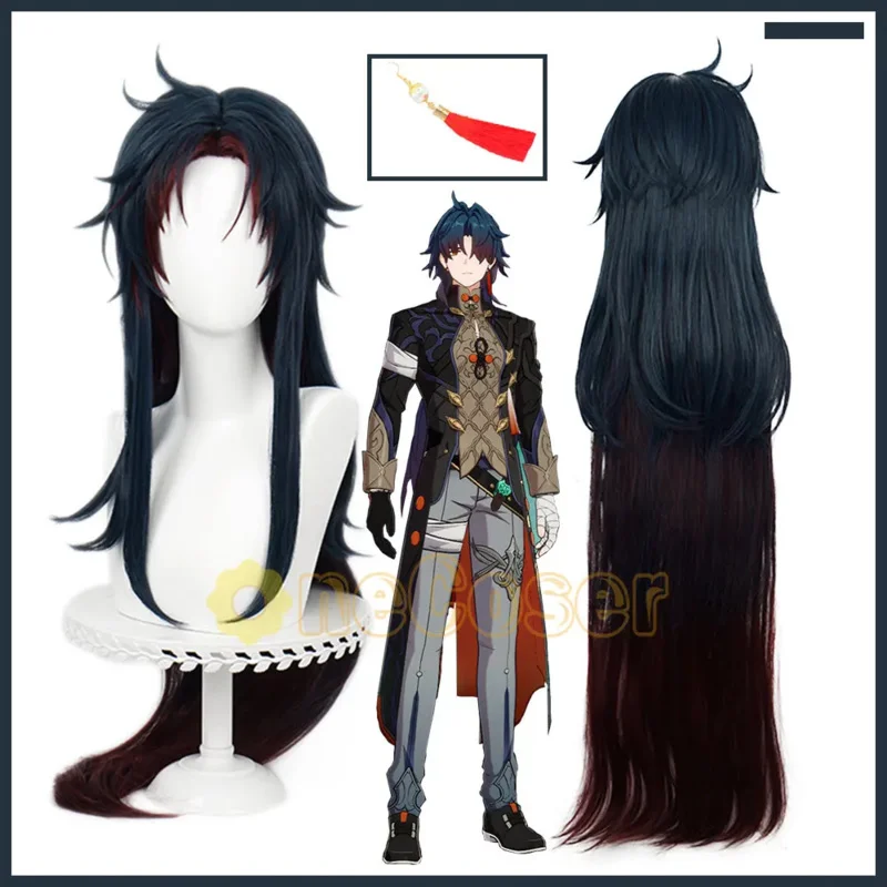 IN STOCK Blade Cosplay Wig Honkai Star Rail Dark Blue Red Long Hair with Earring Heat-resistant Fiber Hair Free Wig Cap