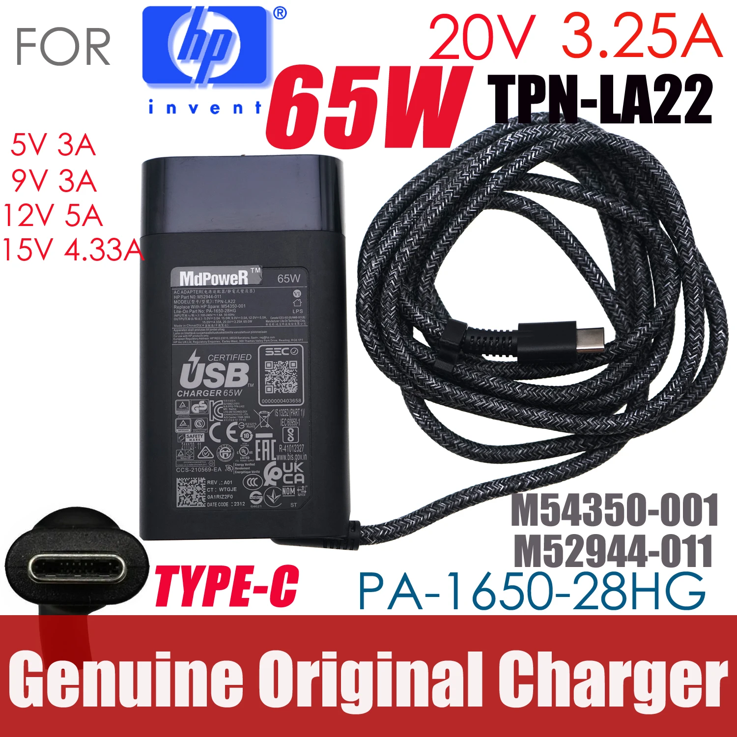 

Original 65W Type C AC Adapter Laptop Charger for HP EliteBook 830 G10 G9 G8 Power Supply TPN-CA10 20V 3.25A TPN-DA13 TPN-LA22