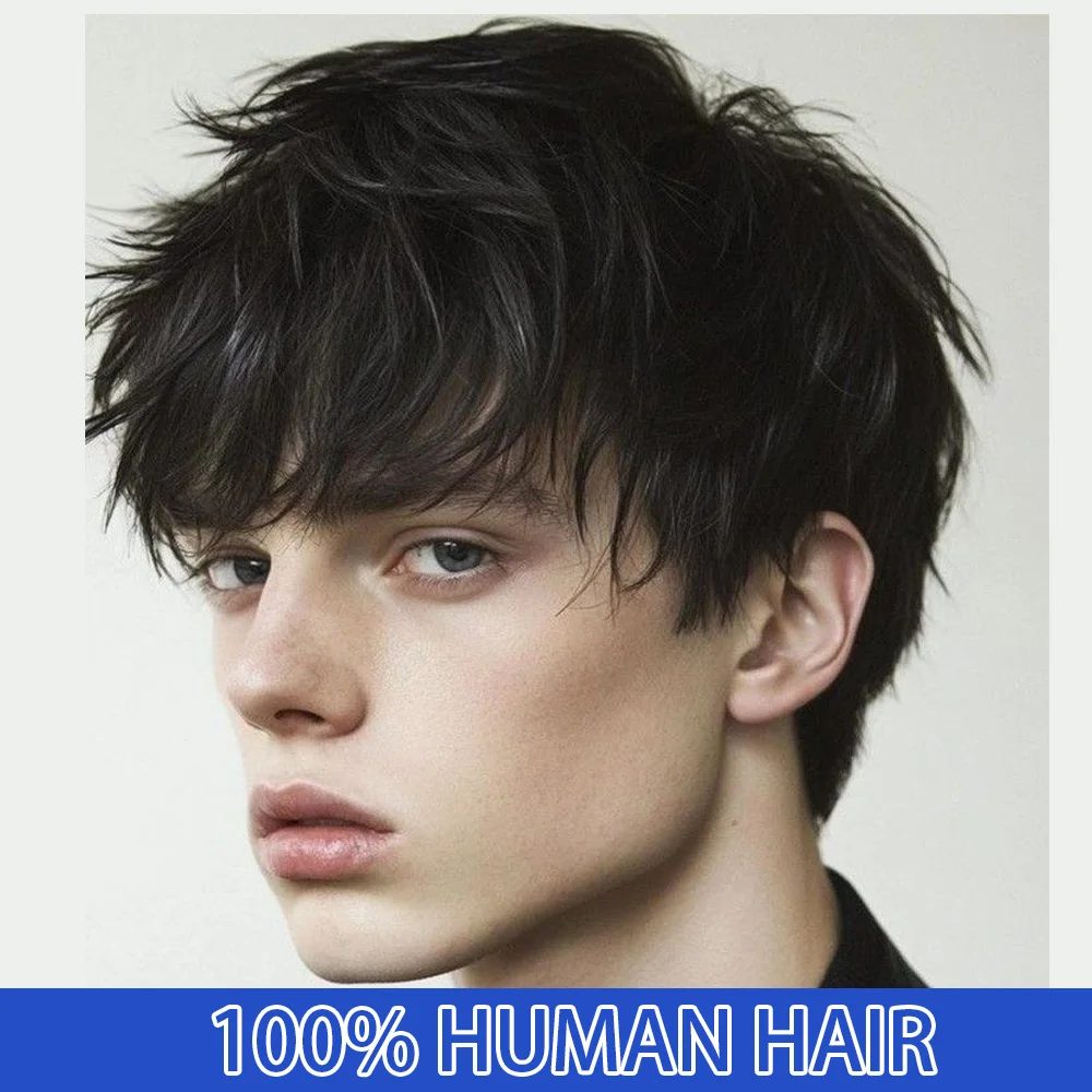 

Мужской короткий прямой парик в стиле пикси из бразильских натуральных волос Реми с челкой, 180% плотность, полностью машинной работы, с сеткой-основой цвета розового золота