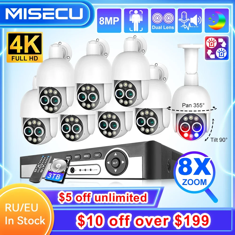 

MISECU 8CH 4K PTZ 8X Hybrid Zoom POE Security System Dual Lens 8MP Camera Outdoor Record CCTV Surveillance Protection Kit ONVIF