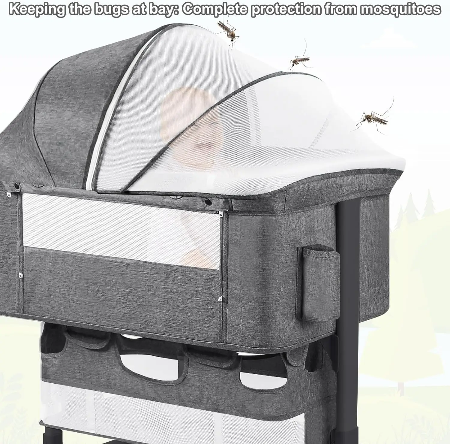 Baby Bassinet Bedside Sleeper with Diaper Changing Station + Mosquito Net + 16gallon Capacity Storage