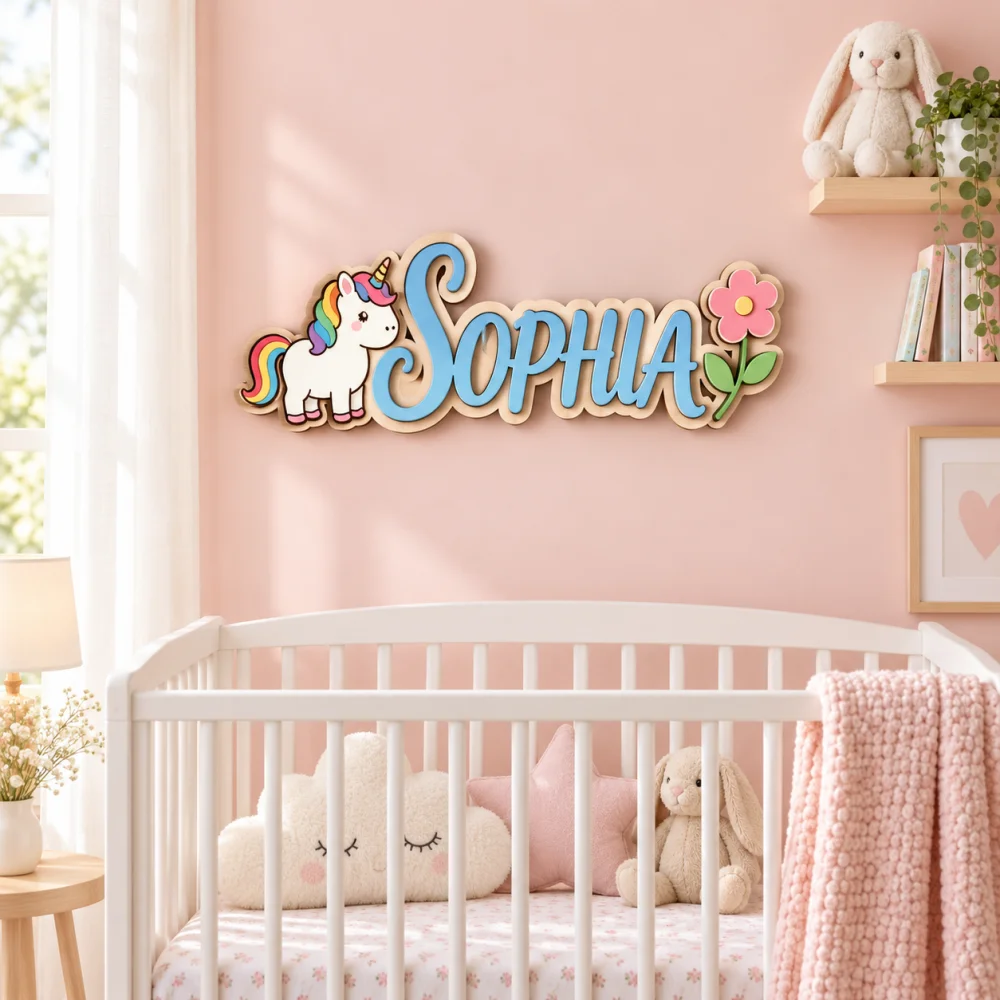 Custom 2-Layer Wooden Name Sign, 3D Raised Letter Name Plaque with Unicorn & Flower, Personalized Kids Room Door Wall Decor Gift