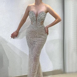 Luxury Champagne Mermaid Pearls Evening Dress for Women 2024 Sweetheart Diamond Handmade Long Formal Prom Wedding Party Gowns