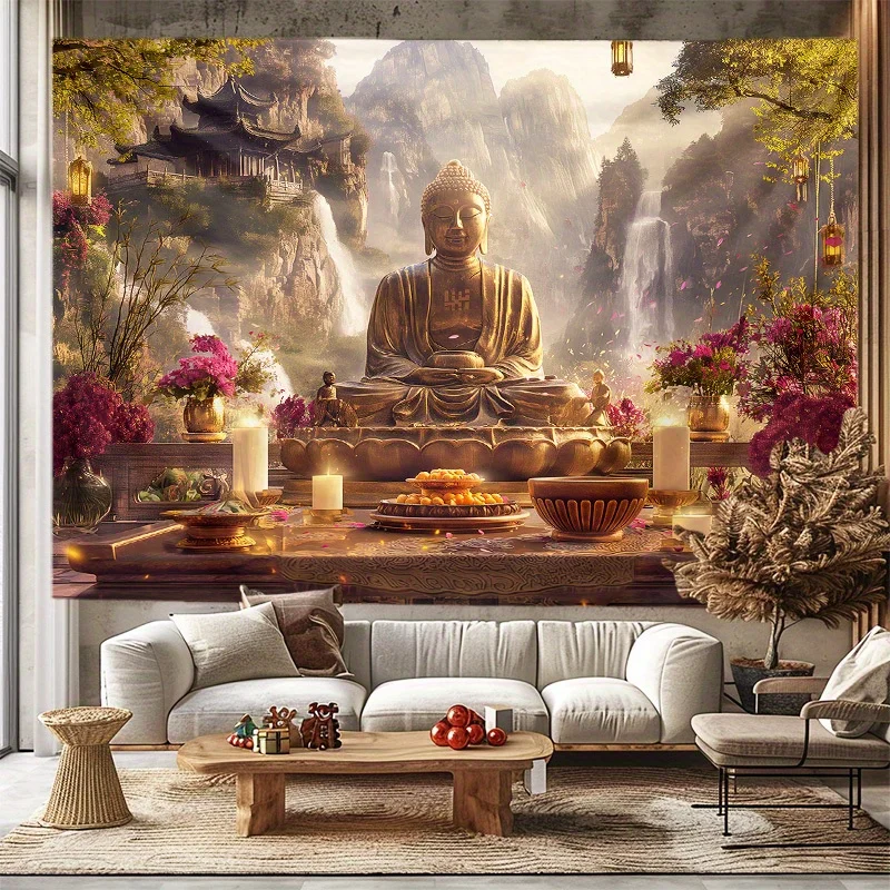 Quiet Golden Buddha Zen Tapestry-Mountain and River Landscape Wall Hanging for Bedroom and Living Room Decoration