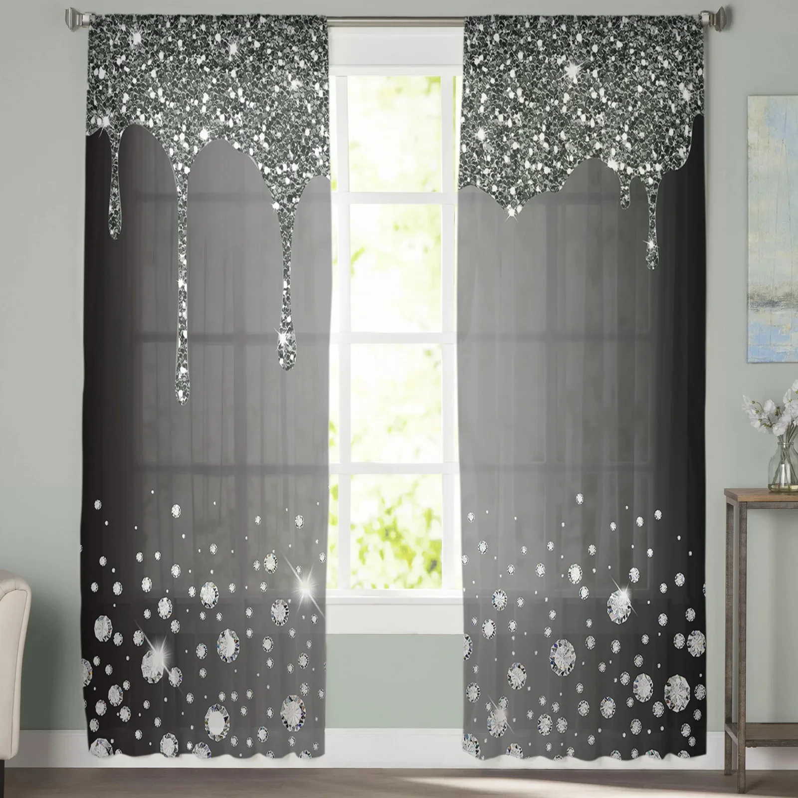 Imagem -03 - Brilhante Diamante Gota Textura Voile Cortinas Sheer para Sala de Estar Janela Tule Cortina Cozinha e Quarto Cortinas Home Decor Preto