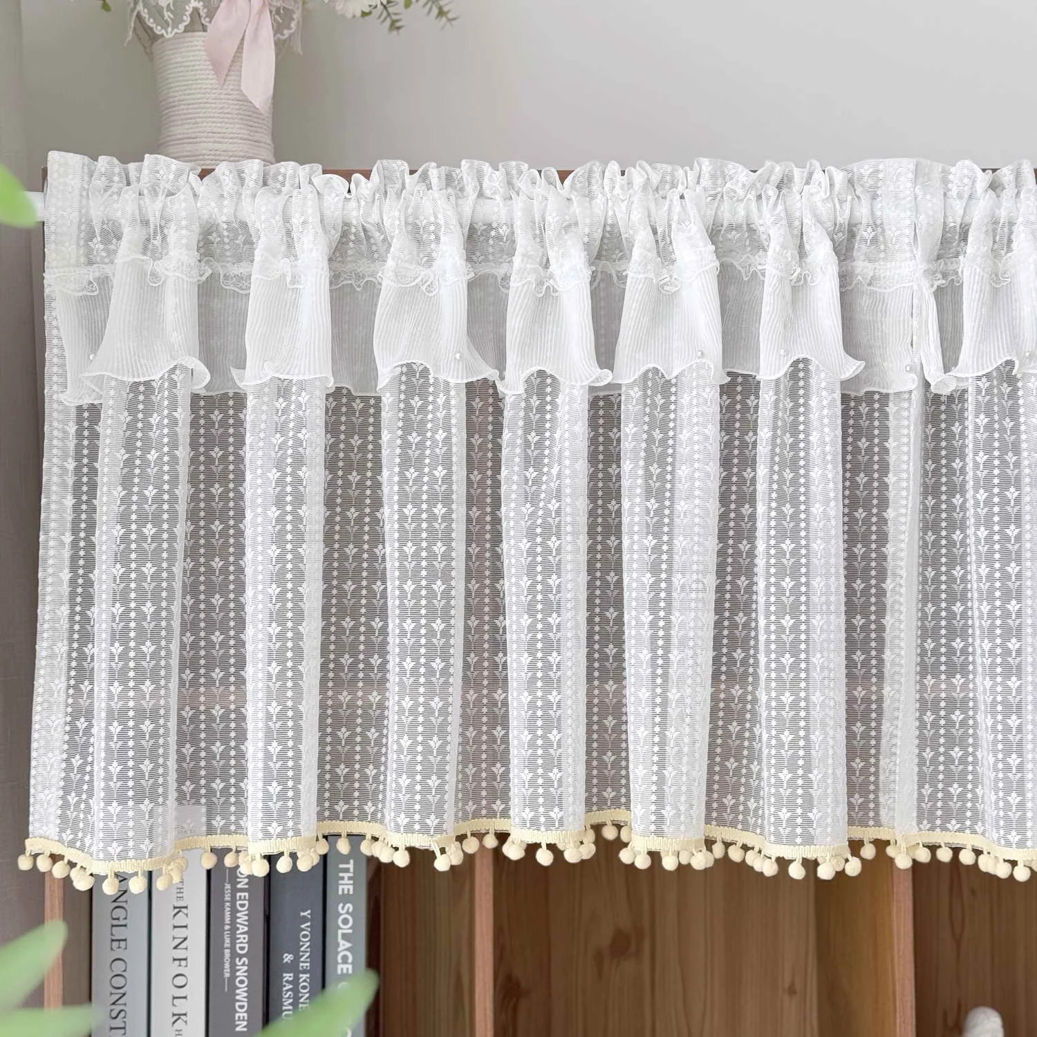 White Striped Semi Sheer Short Curtains for Kitchen with Pearl Ruffled Lace Drapery Half Curtain Dining Cabinet Sink Drapes