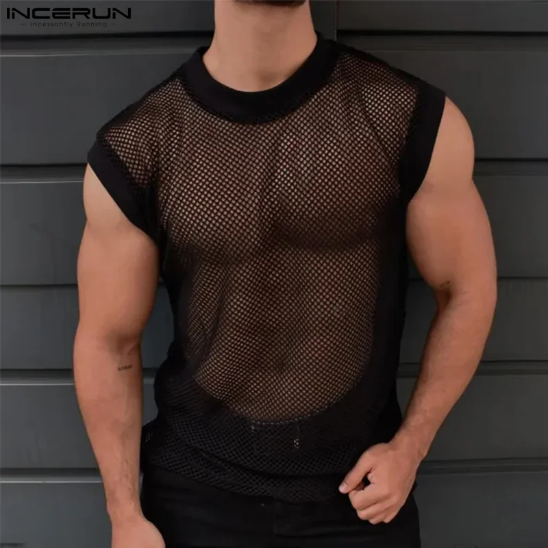 INCERUN Men\'s Tank Tops Mesh Transparent Summer O-neck Sleeveless Male Vests Streetwear 2024 Sexy Fashion Casual Men Clothing