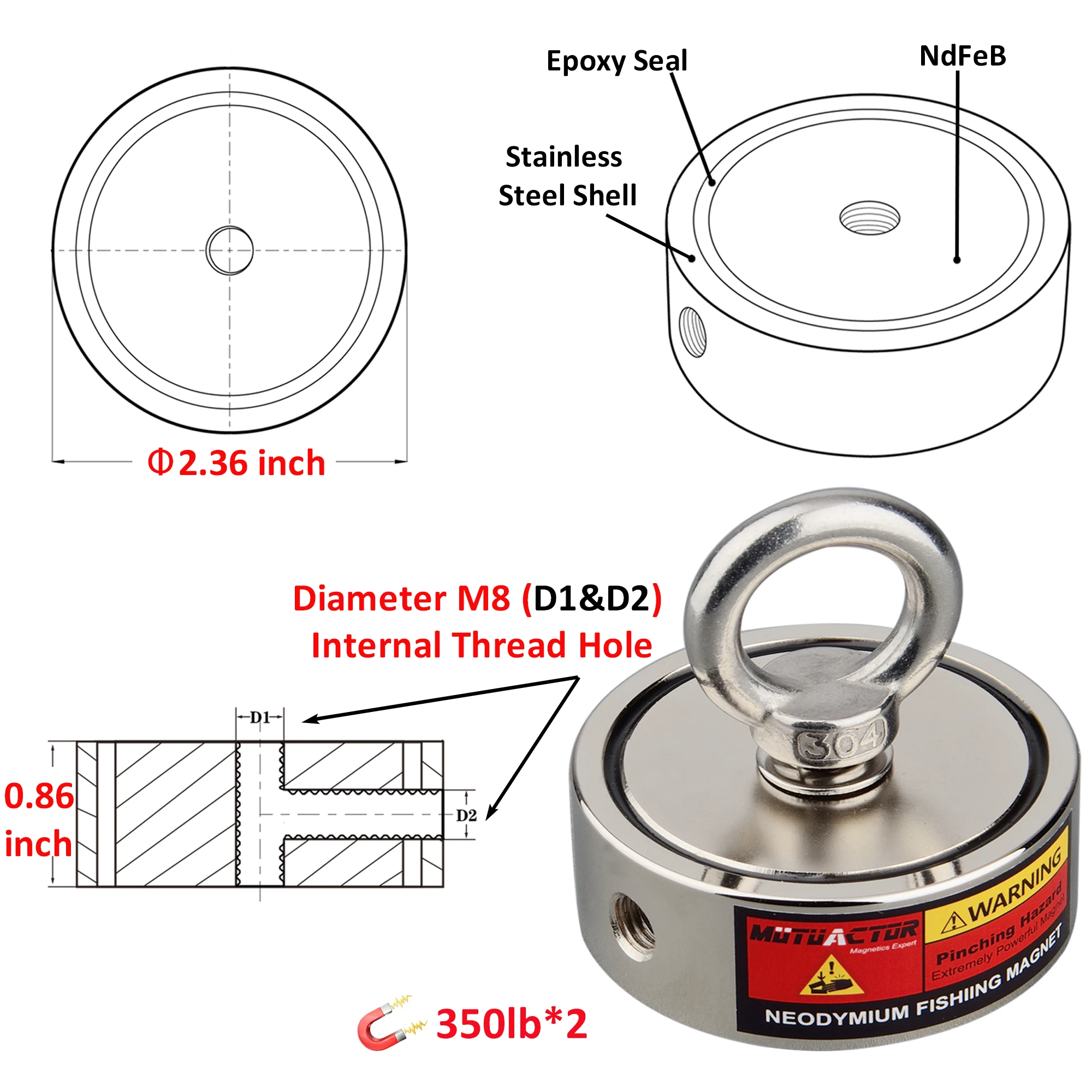 Two Side Strong N52 Fishing Magnet Set 160KGX2 250KGX2  Salvage Magnetic Detecting Pot Metal Treasure Hunting