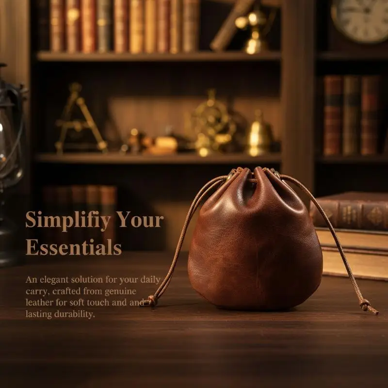 Genuine Crazy Horse Oil Wax Leather Drawstring Pouch With Durable Vintage Finish Perfect For Storing Coins Jewelry Small