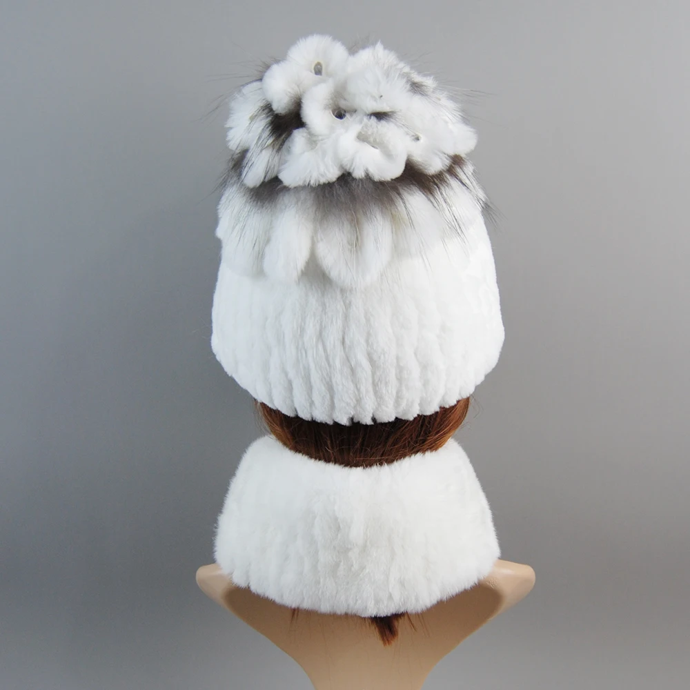 Good Elastic Winter Women Warm Natural Rex Rabbit Fur Muffler Cap Real Fur Scarves Hats Ladies Real Rex Rabbit Fur Scarf Hat Set